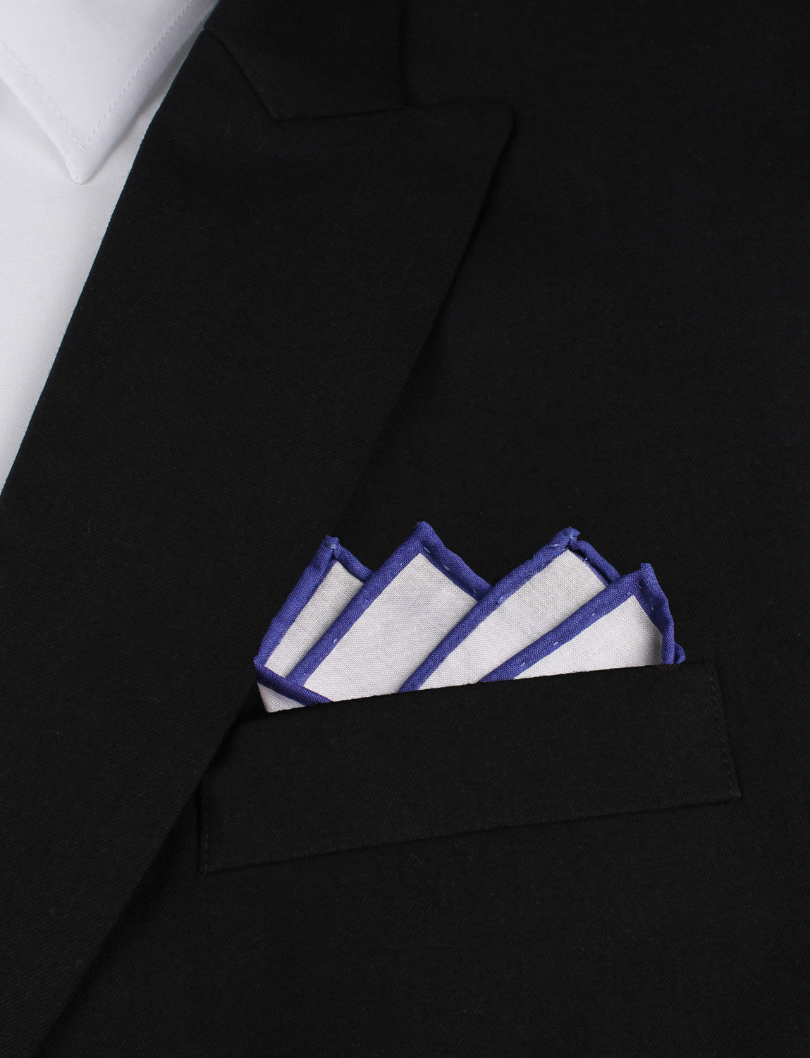 White Cotton Pocket Square with Purple Border Point Fold