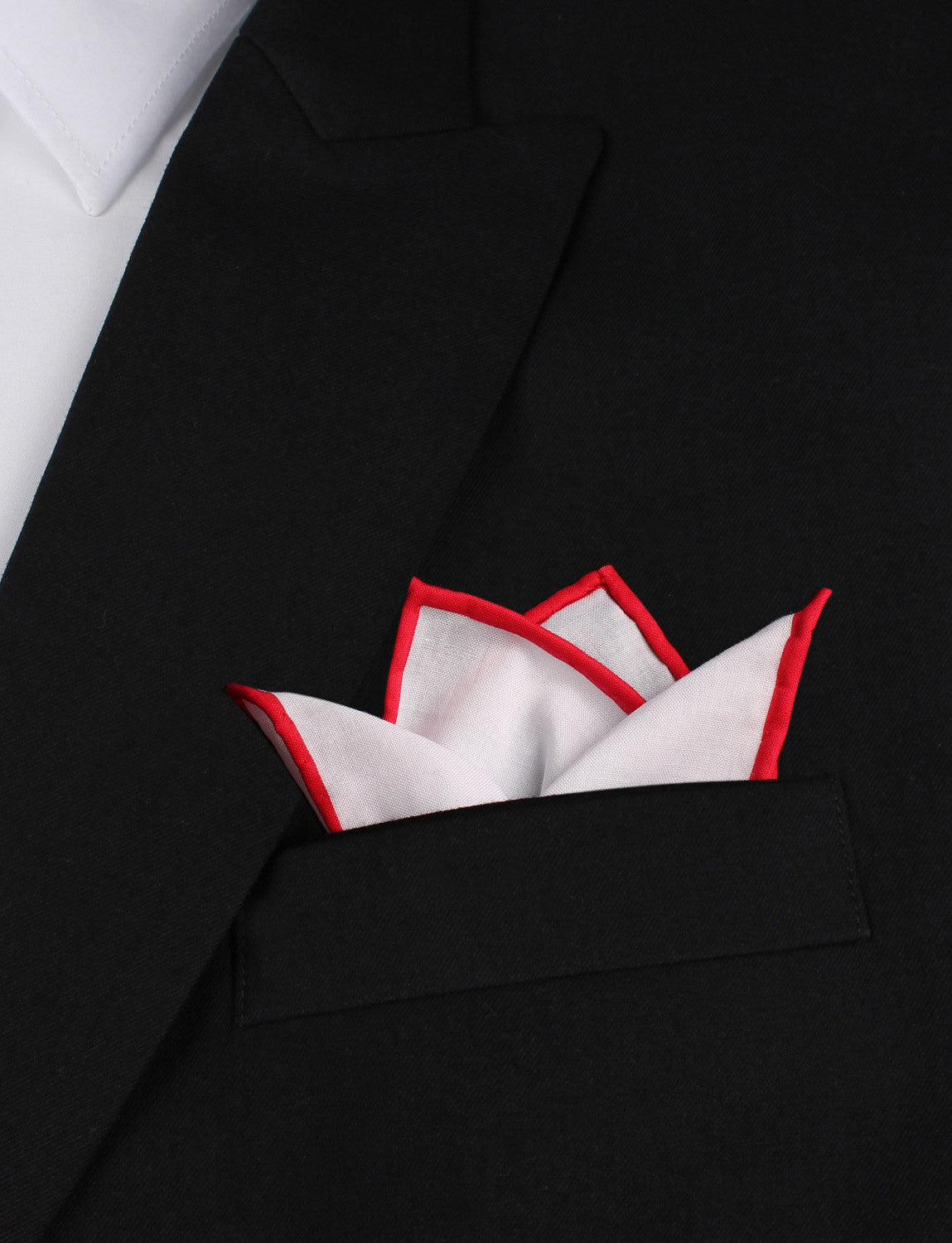 White Cotton Pocket Square with Red Border Four Point Fold