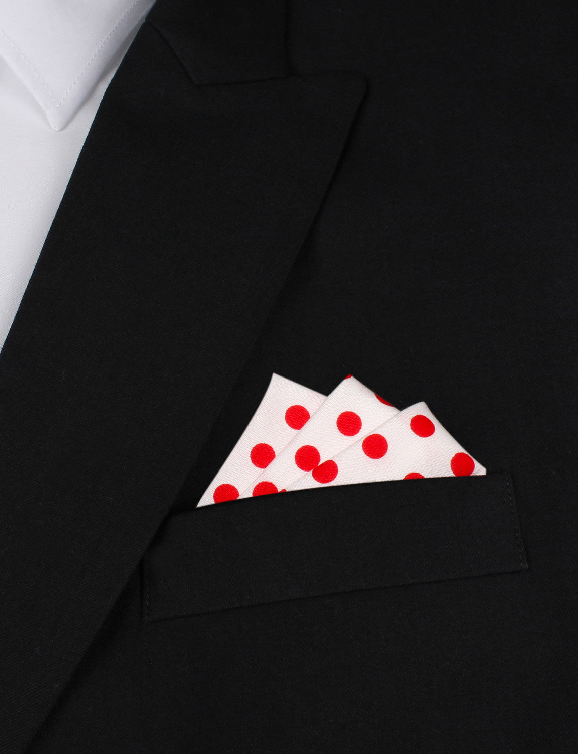 White Cotton with Large Red Polka Dots Oxygen Three Point Pocket Square Fold