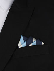 White Navy and Light Blue Striped Oxygen Three Point Pocket Square Fold