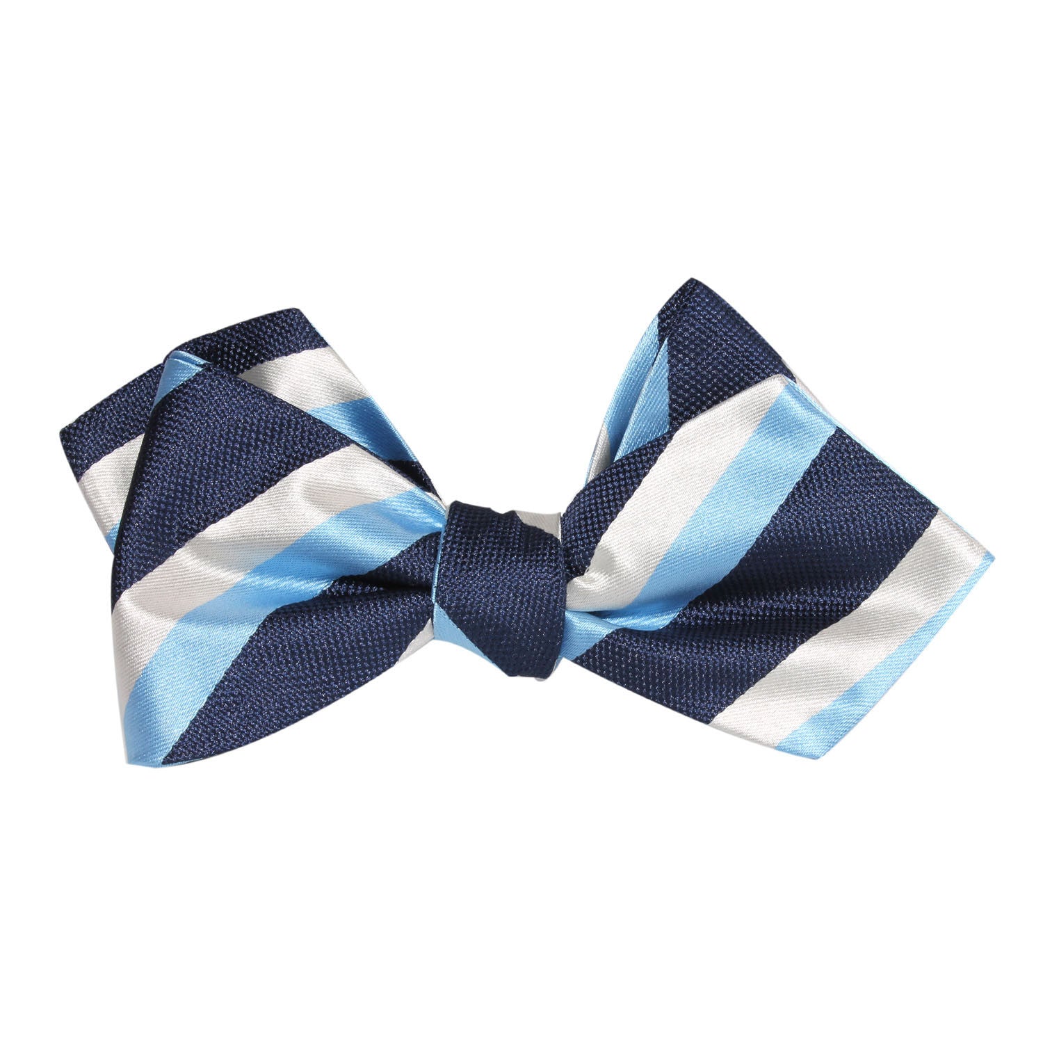 White Navy and Light Blue Striped Self Tie Diamond Tip Bow Tie 2