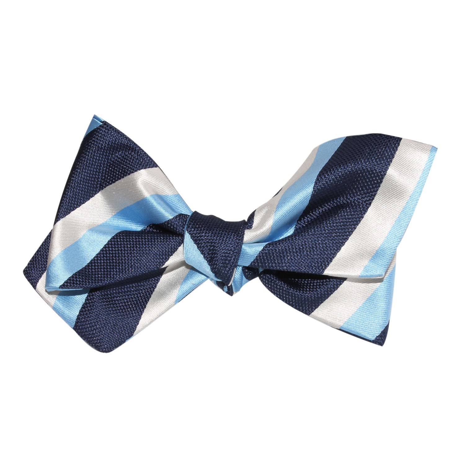 White Navy and Light Blue Striped Self Tie Diamond Tip Bow Tie 3