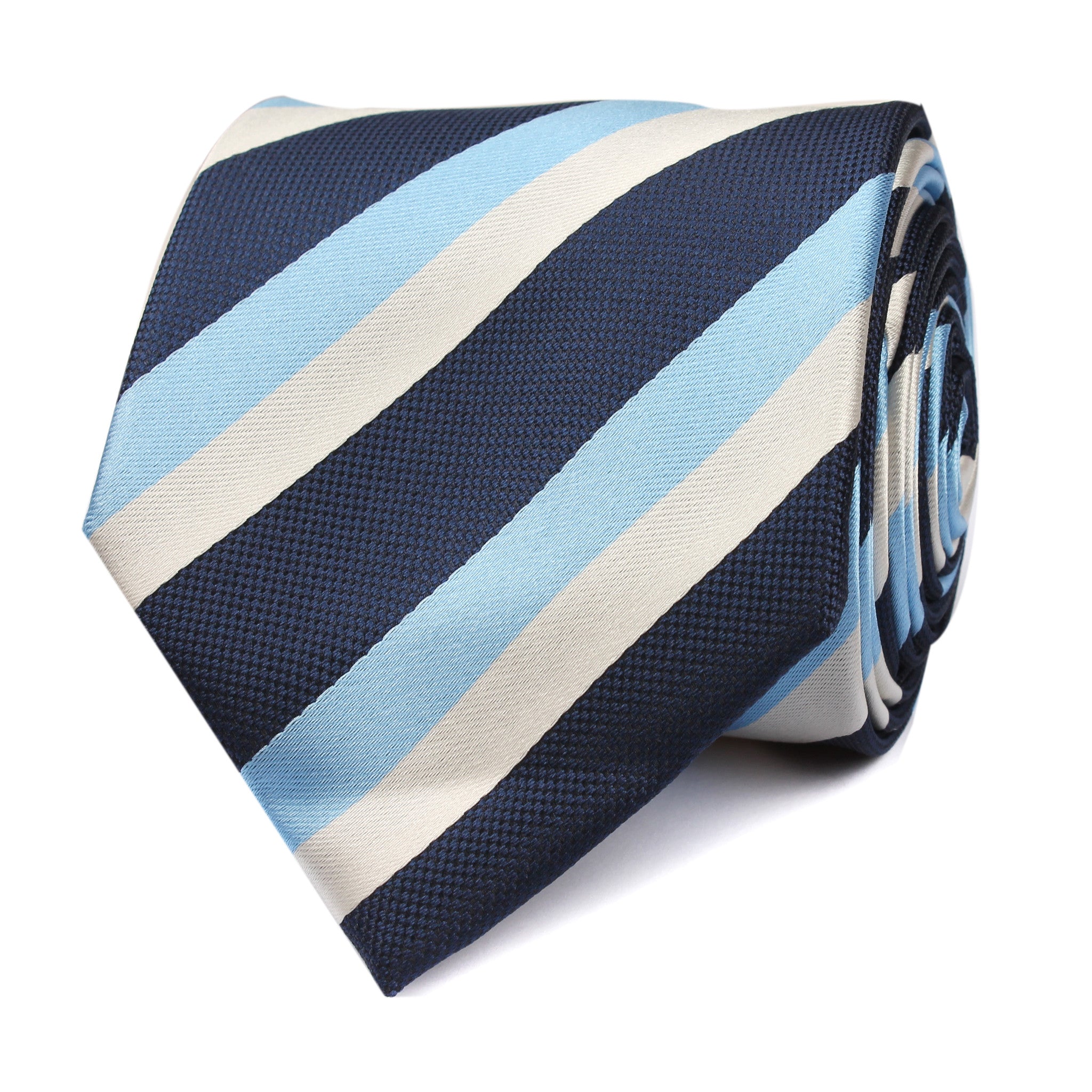 White Navy and Light Blue Striped Tie Front View