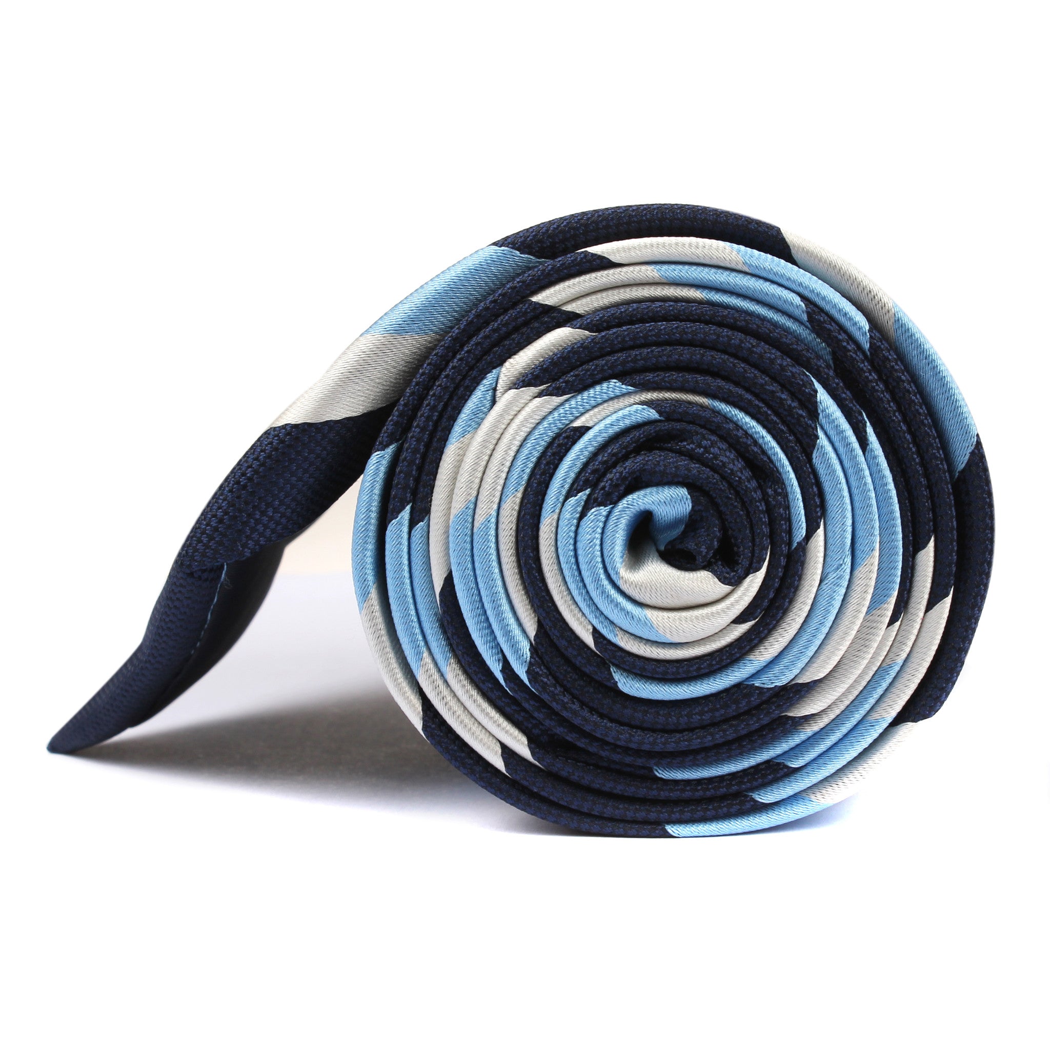 White Navy and Light Blue Striped Tie  Side View