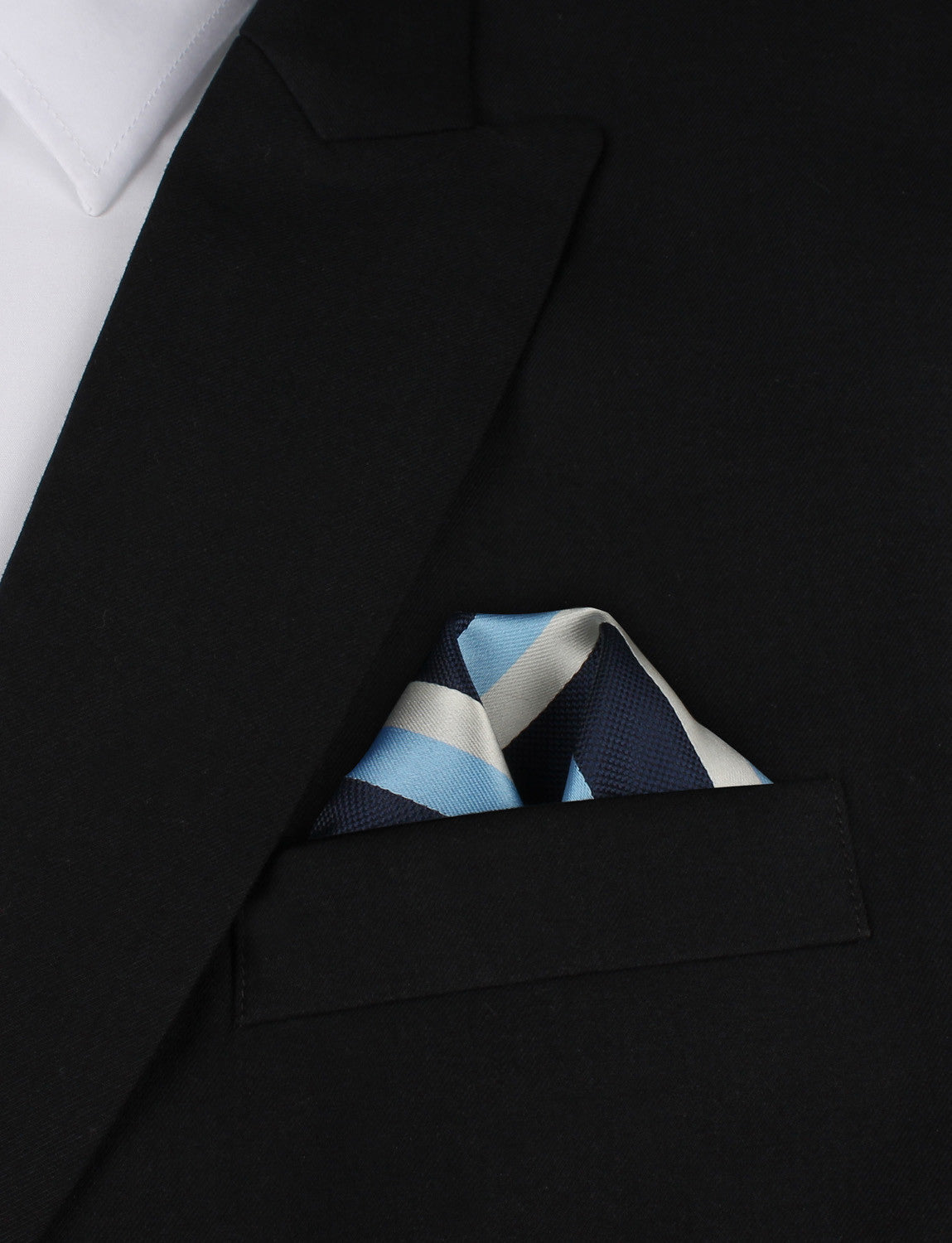 White Navy and Light Blue Striped Winged Puff Pocket Square Fold