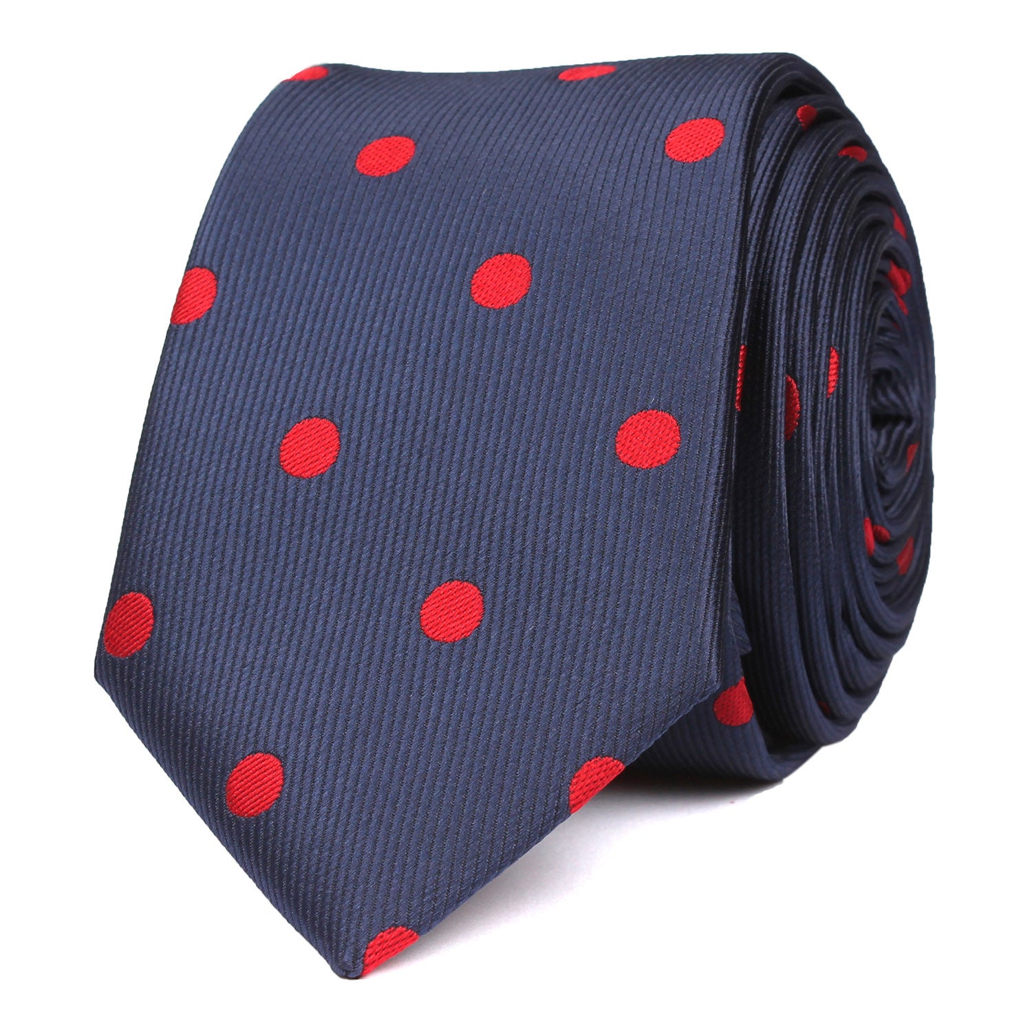 Navy Blue Skinny Tie with Red Polka Dots Front OTAA