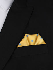 Yellow Pocket Square with Light Blue Polka Dots Winged Puff Fold