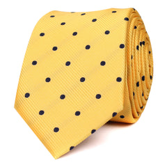 Yellow Skinny Tie with Navy Blue Polka Dots OTAA roll