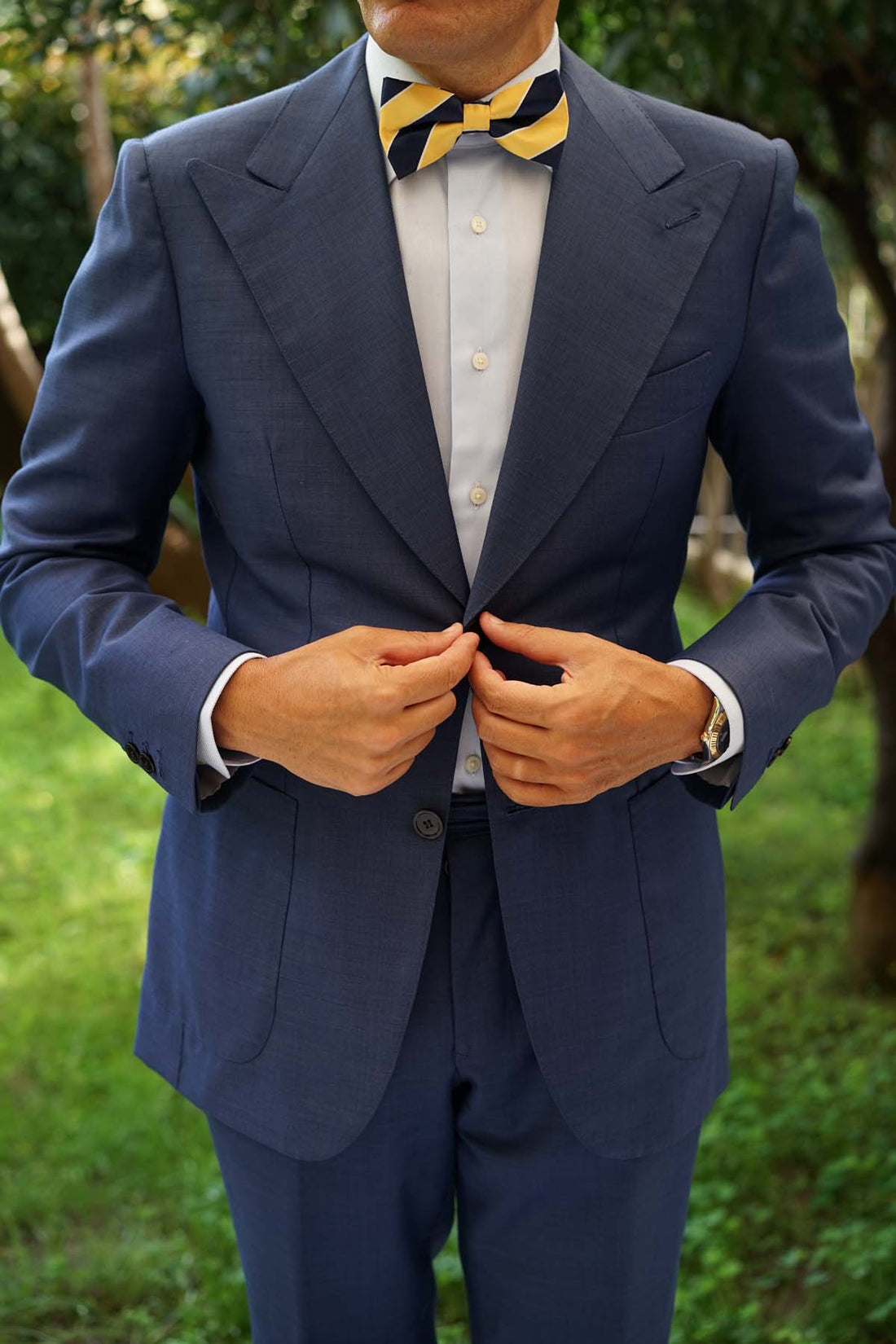 Yellow and Navy Blue Striped Bow Tie Men's British Regimental