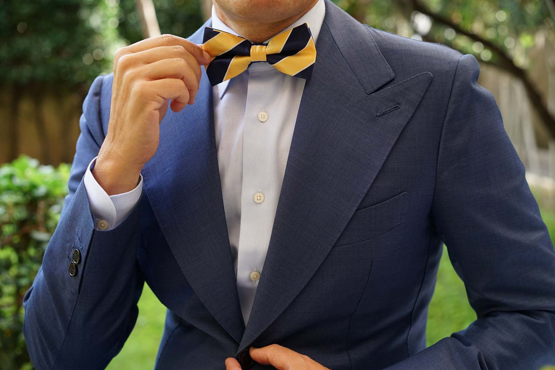 Yellow and Navy Blue Striped Bow Tie Men's British Regimental